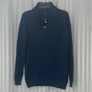 Men's Shawl Zip Collar Ribbed Pullover Sweater in Deep Navy NWT
